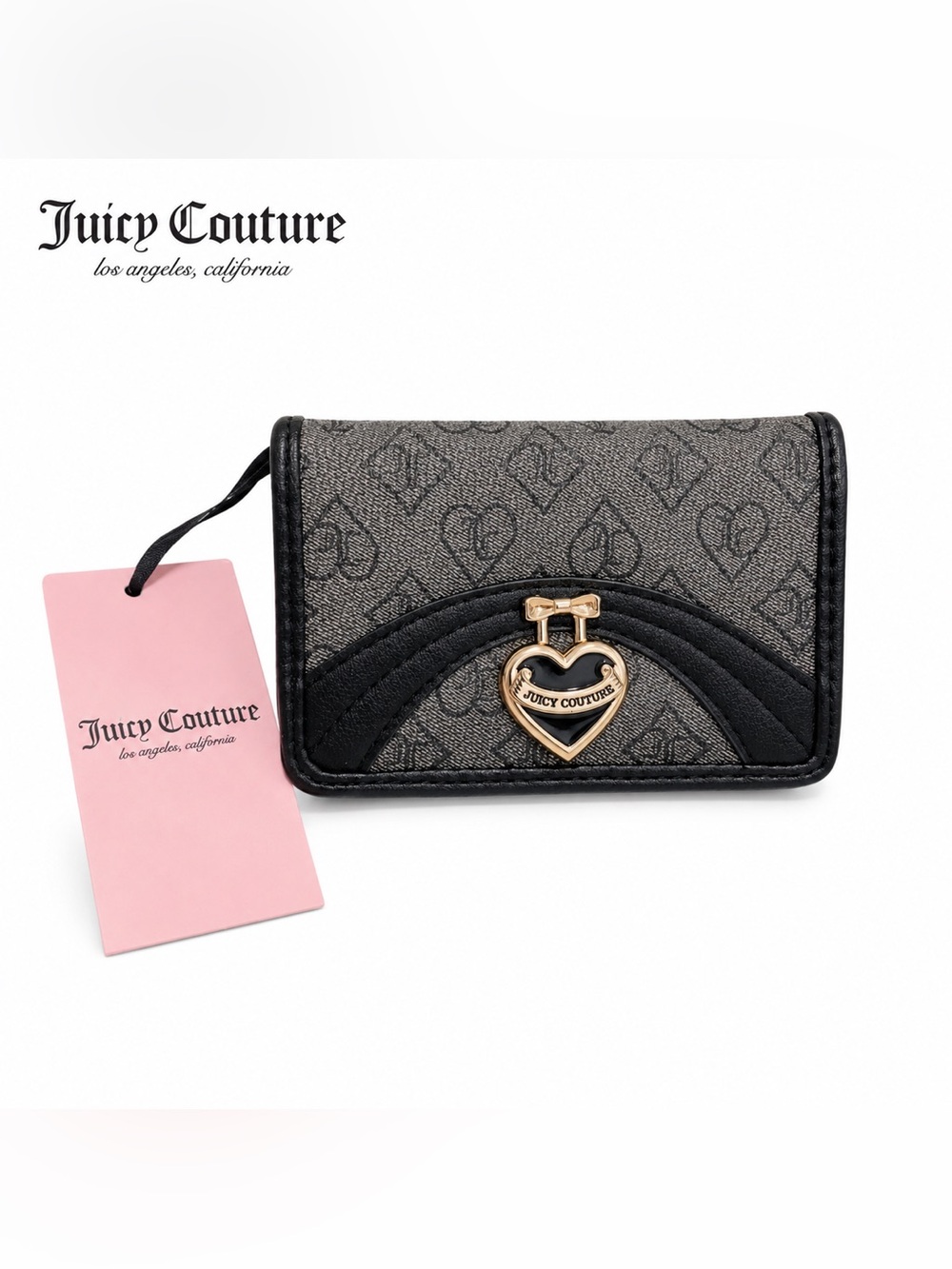 NEW Juicy Couture Grey Black Monogram Heart Bifold Wallet Gold Heart Charm